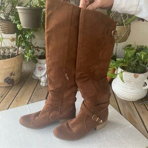 High boots suede Tall boots Camel color flat Heel pull on tall boots women 8